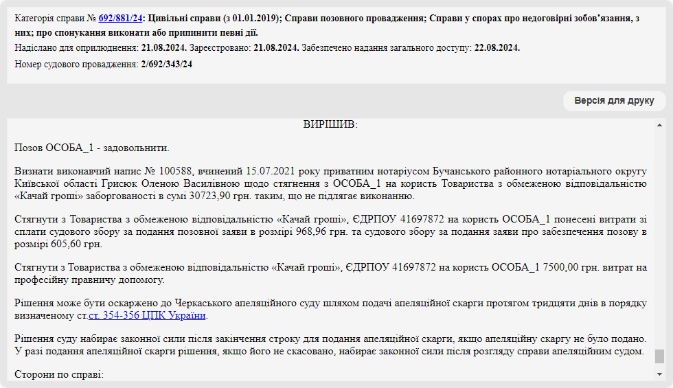 Справа № 692/881/24: Скасували виконавчий напис нотаріуса за рахунок «Качай гроші»
